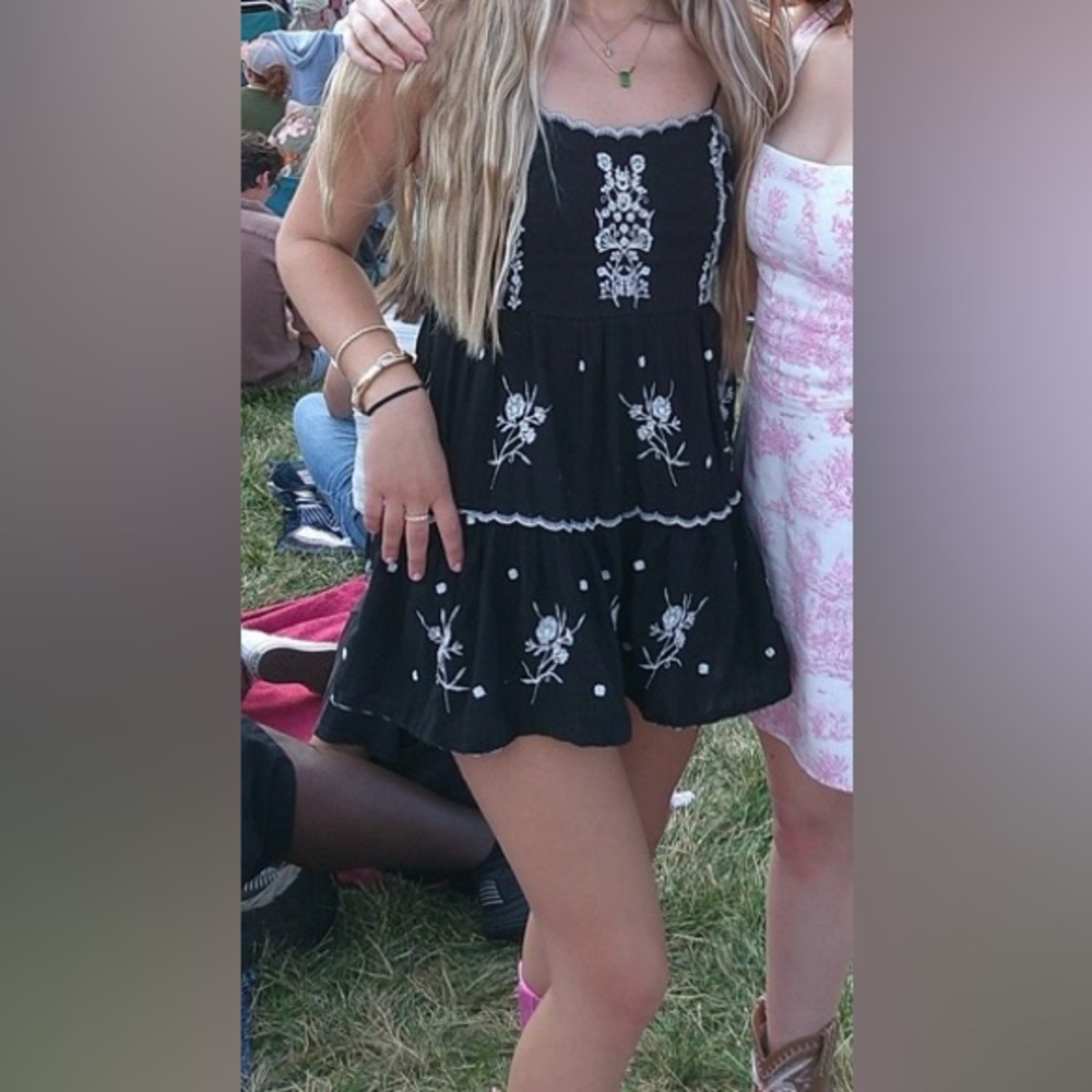 Urban Outfitters Black Mini Dress with White Floral Embroidery